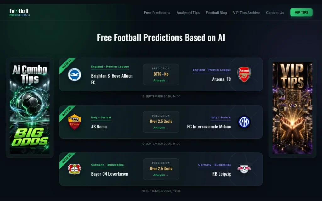 Example of a free AI football prediction on FootballPredictions.io